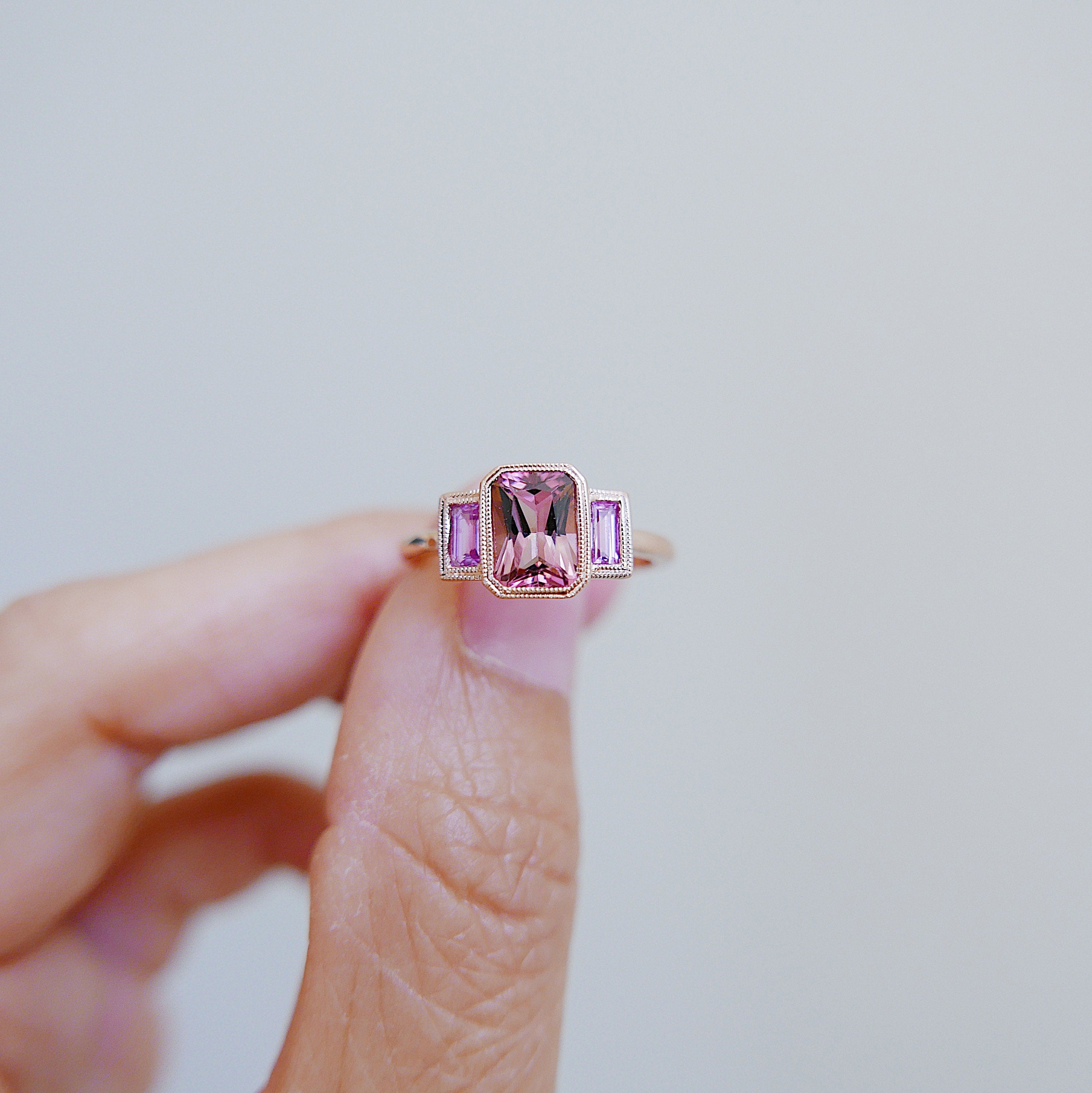 Charlotte Radiant Pink Tourmaline and Sapphire Ring, emerald cut bezel 3 stone ring, three stone wedding ring, classic engagement ring