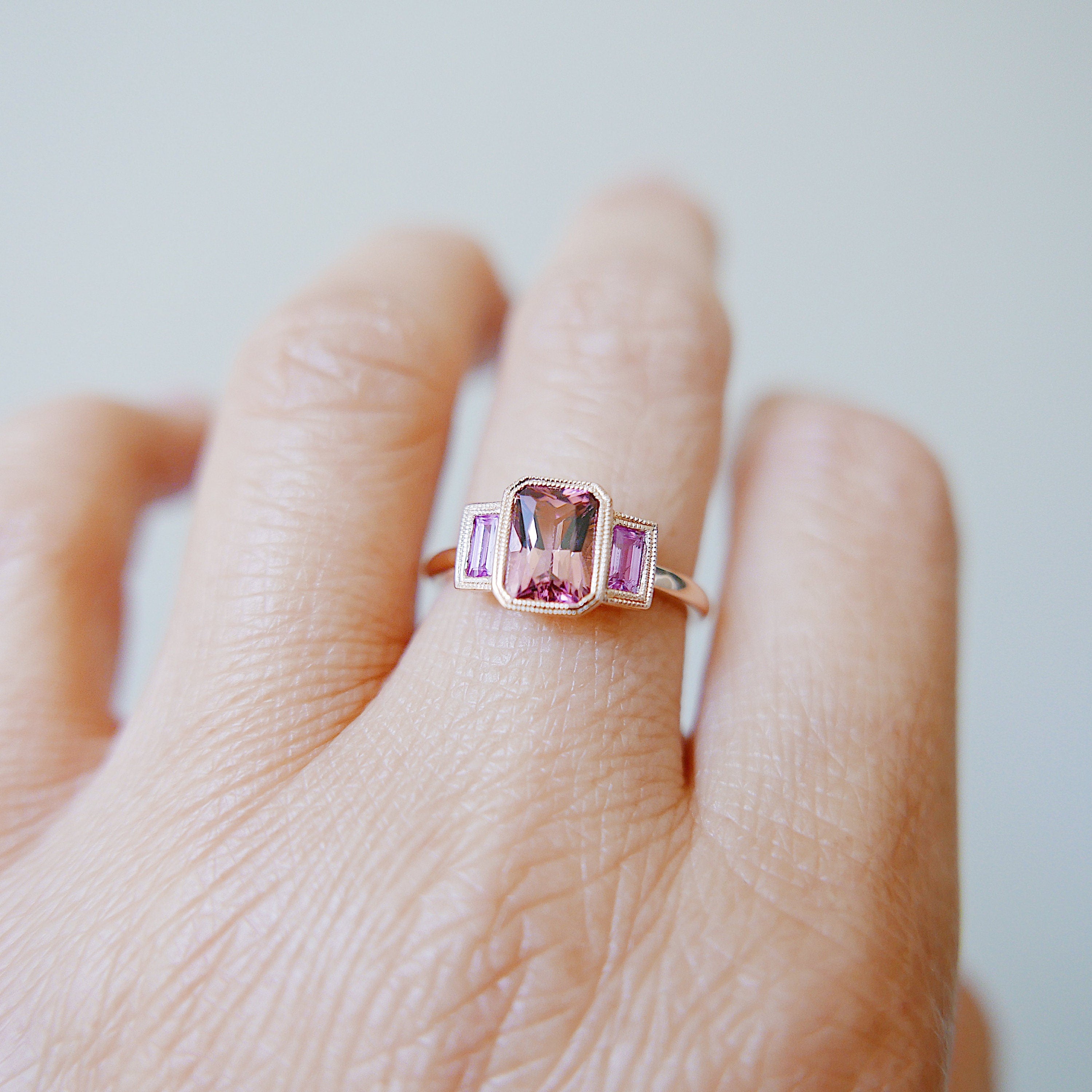 Charlotte Radiant Pink Tourmaline and Sapphire Ring, emerald cut bezel 3 stone ring, three stone wedding ring, classic engagement ring