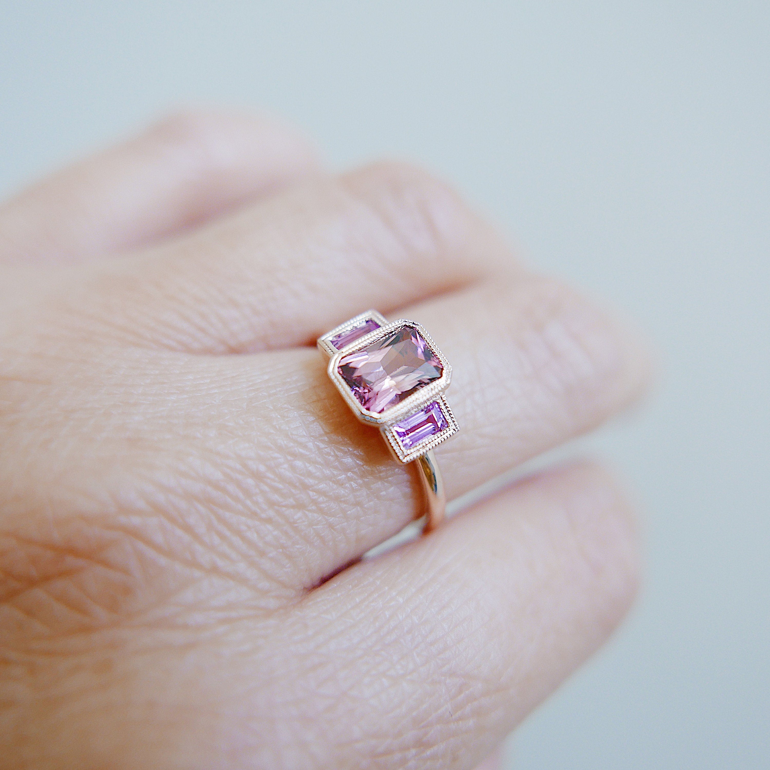 Charlotte Radiant Pink Tourmaline and Sapphire Ring, emerald cut bezel 3 stone ring, three stone wedding ring, classic engagement ring