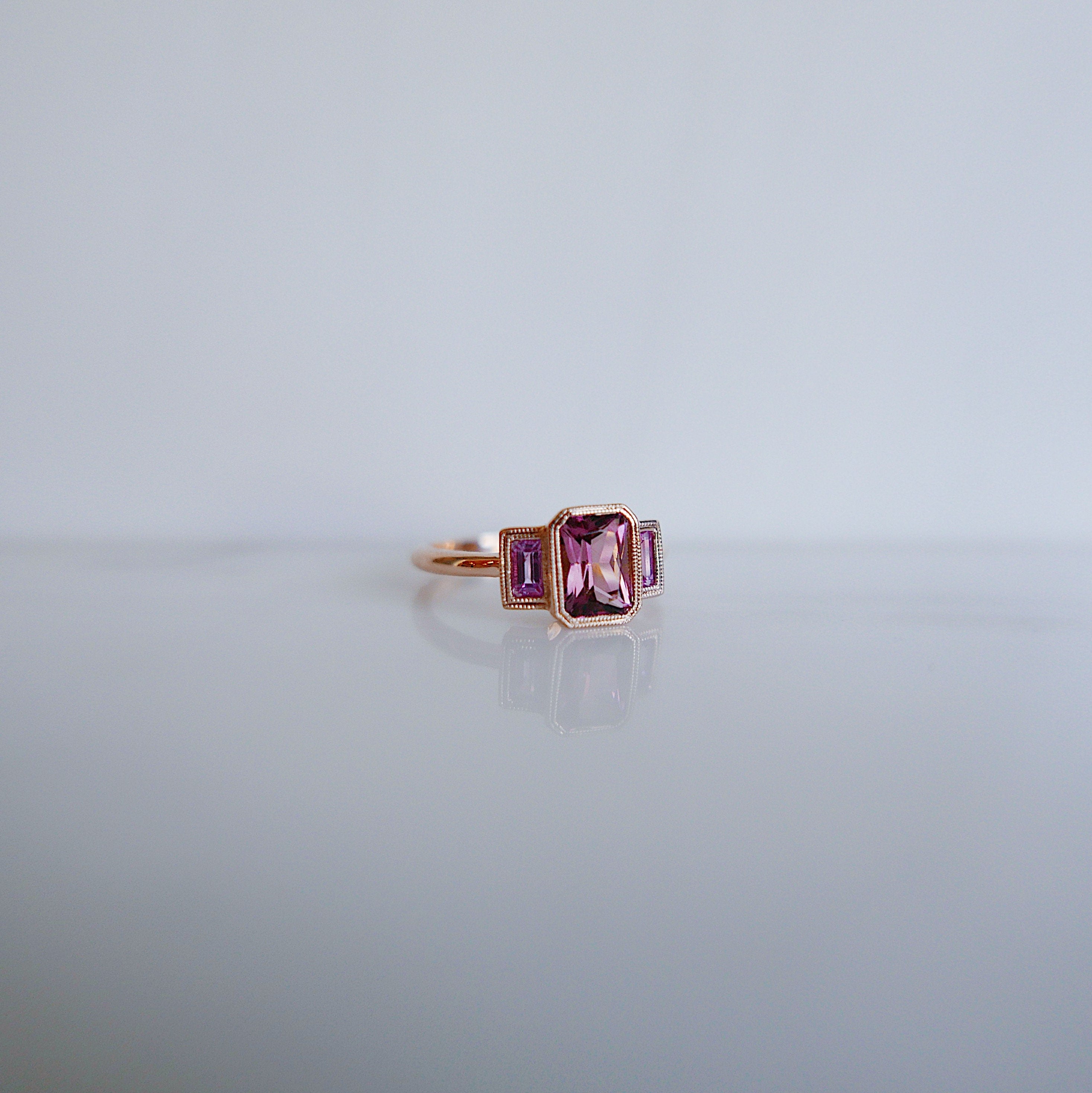 Charlotte Radiant Pink Tourmaline and Sapphire Ring, emerald cut bezel 3 stone ring, three stone wedding ring, classic engagement ring