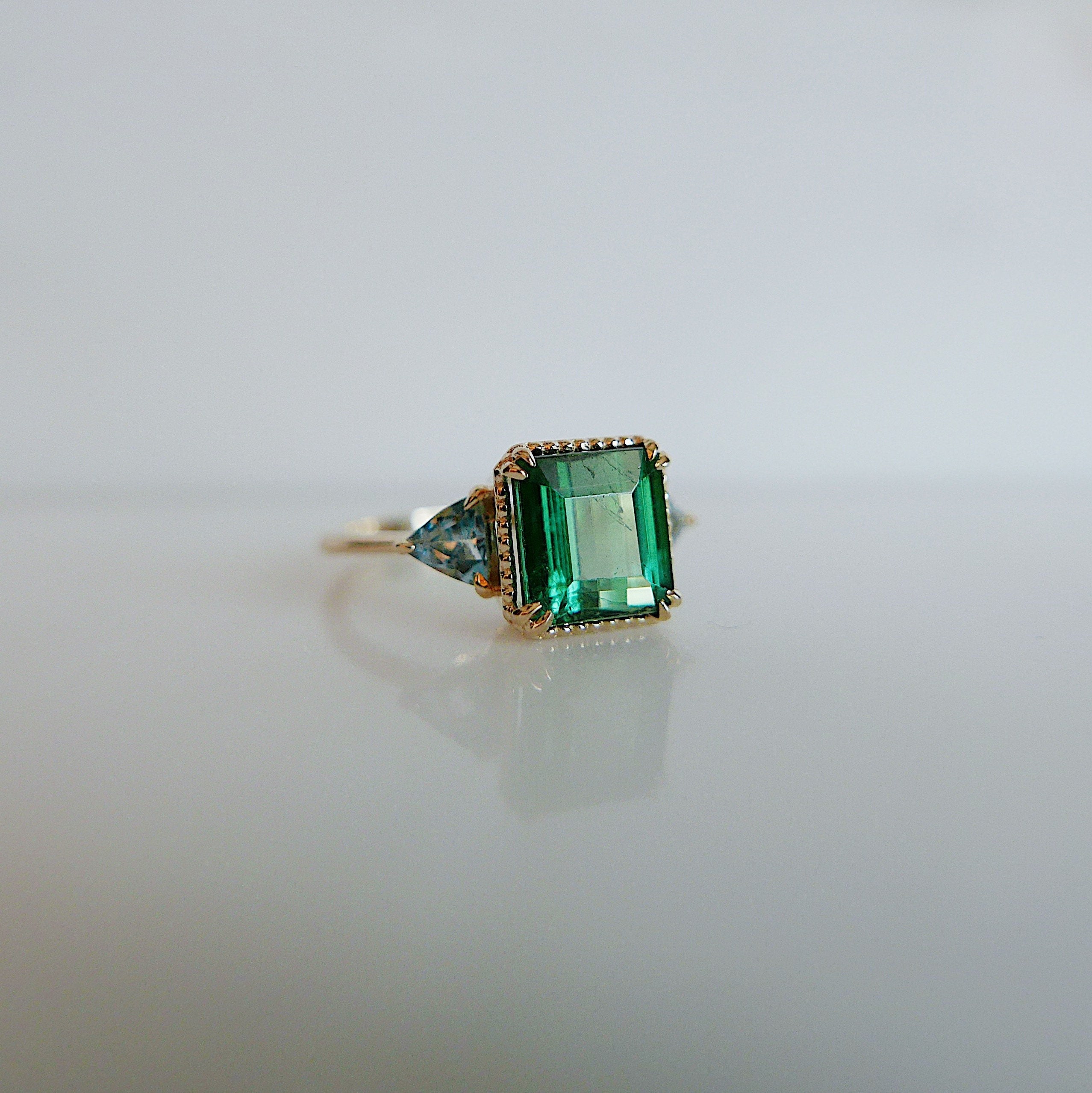 Greener Pastures OOAK Tourmaline Ring, Green Tourmaline and Aquamarine Trillions 3 stone ring,  colorful engagement ring