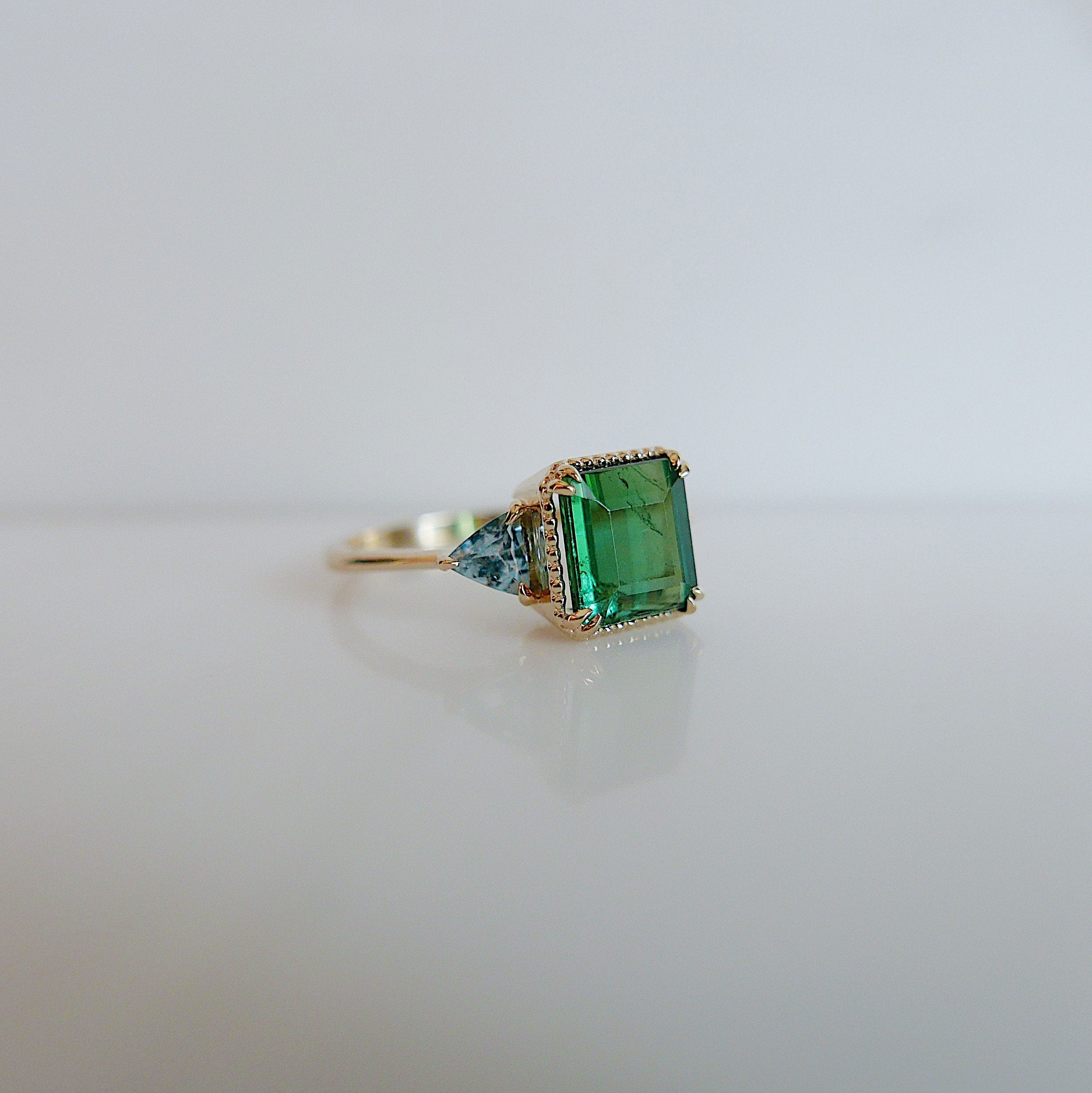 Greener Pastures OOAK Tourmaline Ring, Green Tourmaline and Aquamarine Trillions 3 stone ring,  colorful engagement ring