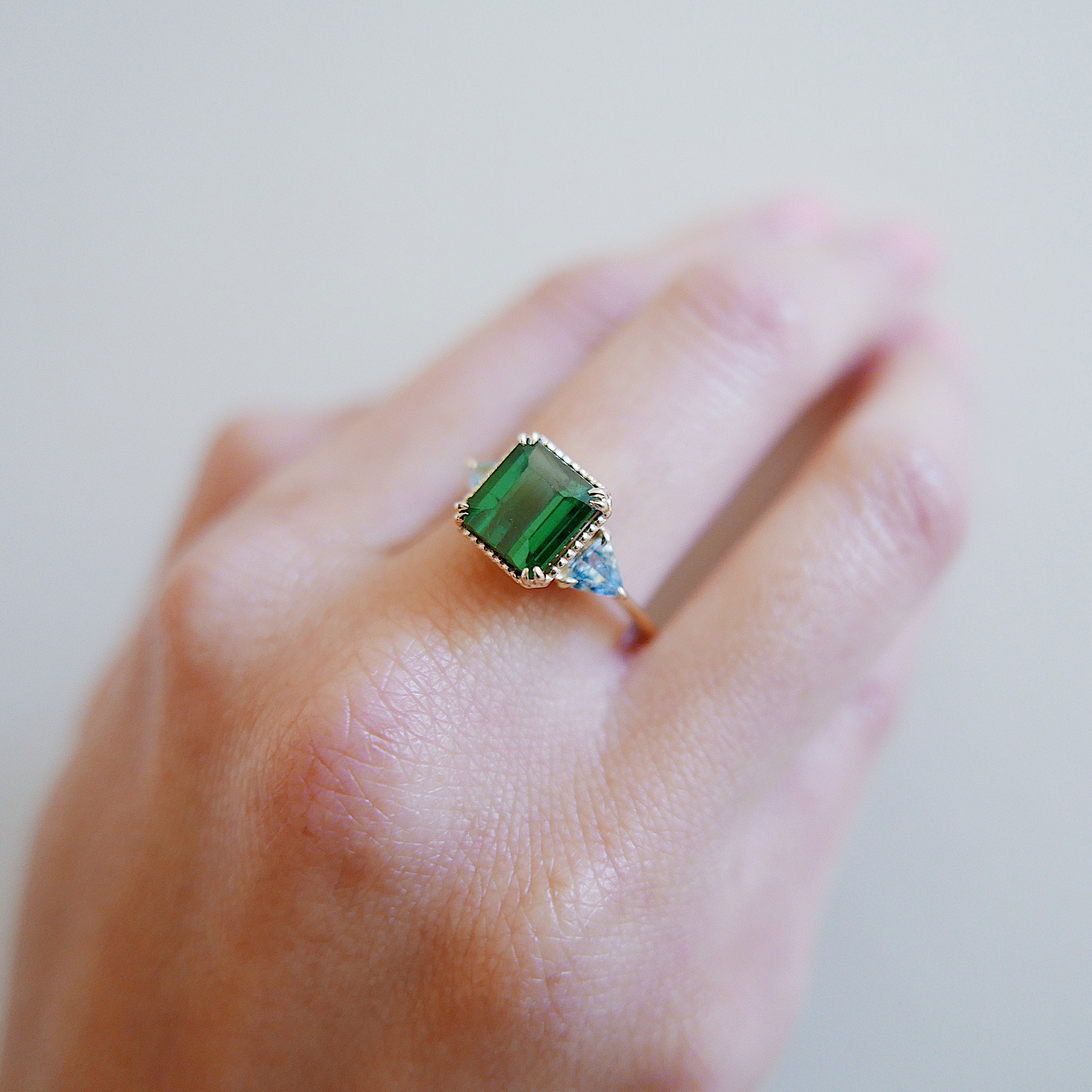 Greener Pastures OOAK Tourmaline Ring, Green Tourmaline and Aquamarine Trillions 3 stone ring,  colorful engagement ring