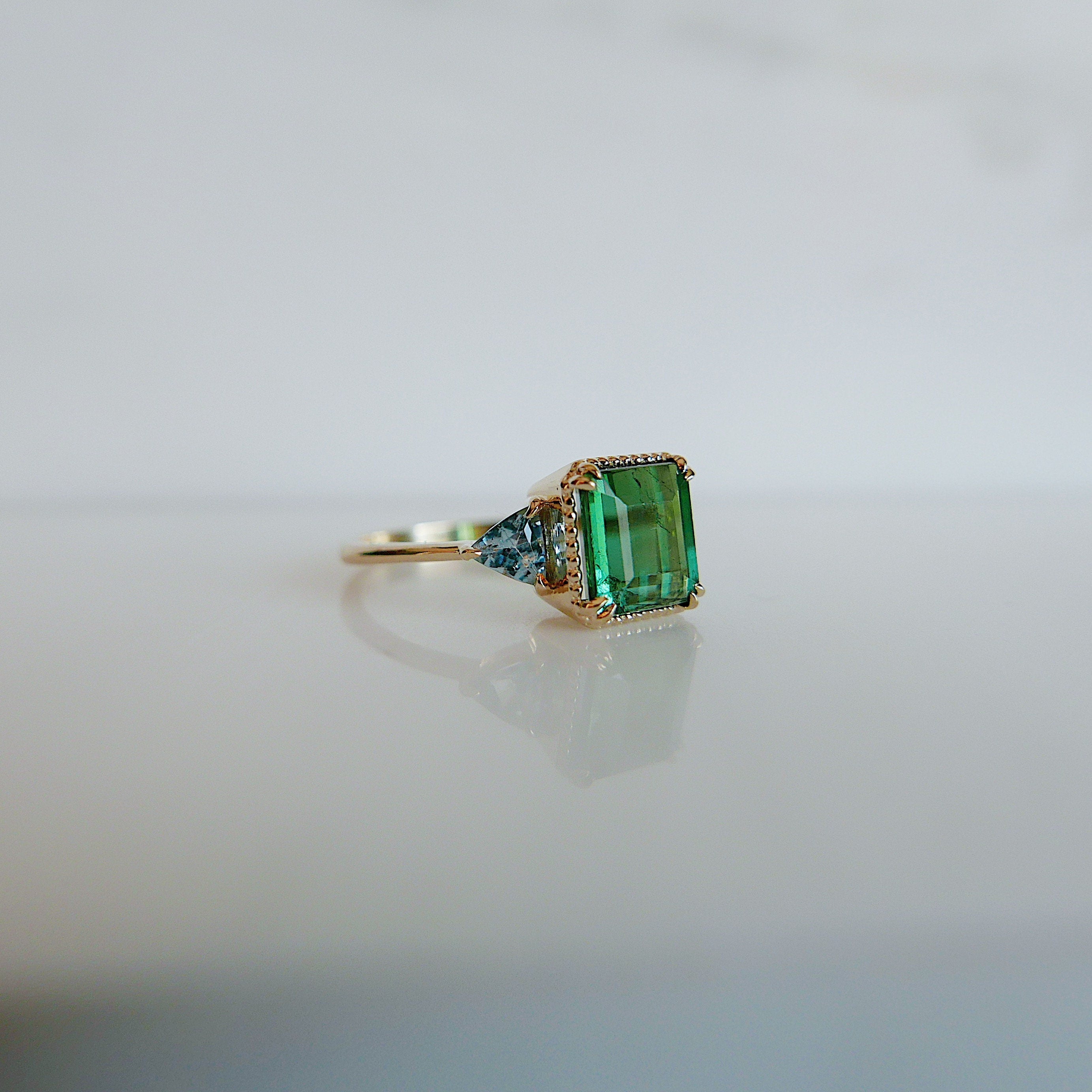 Greener Pastures OOAK Tourmaline Ring, Green Tourmaline and Aquamarine Trillions 3 stone ring,  colorful engagement ring