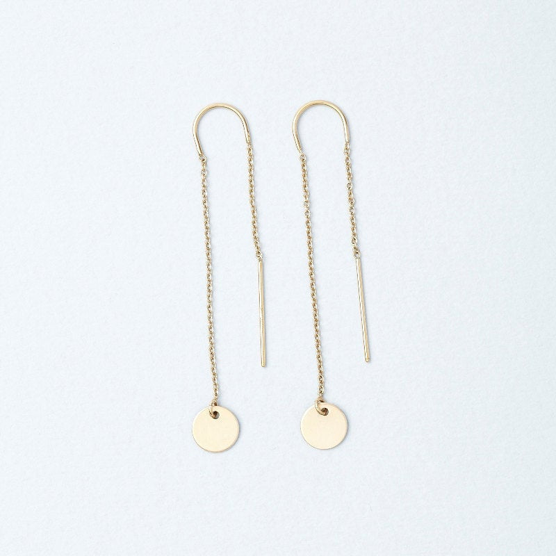 14k Solstice earrings, disc ear thread, 14k Gold disc earring, Circle ear thread, circle earring