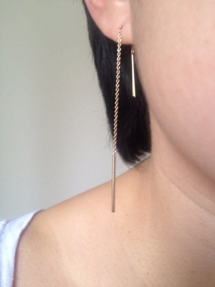 Double beam hotsell earrings, 14k gold filled bar ear threads