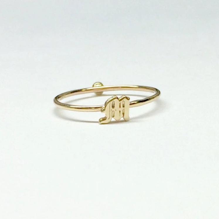 14k Old English Initial and mini solitaire Ring, Letter ring, Initial ring, Old English letter, Two sided stacking ring