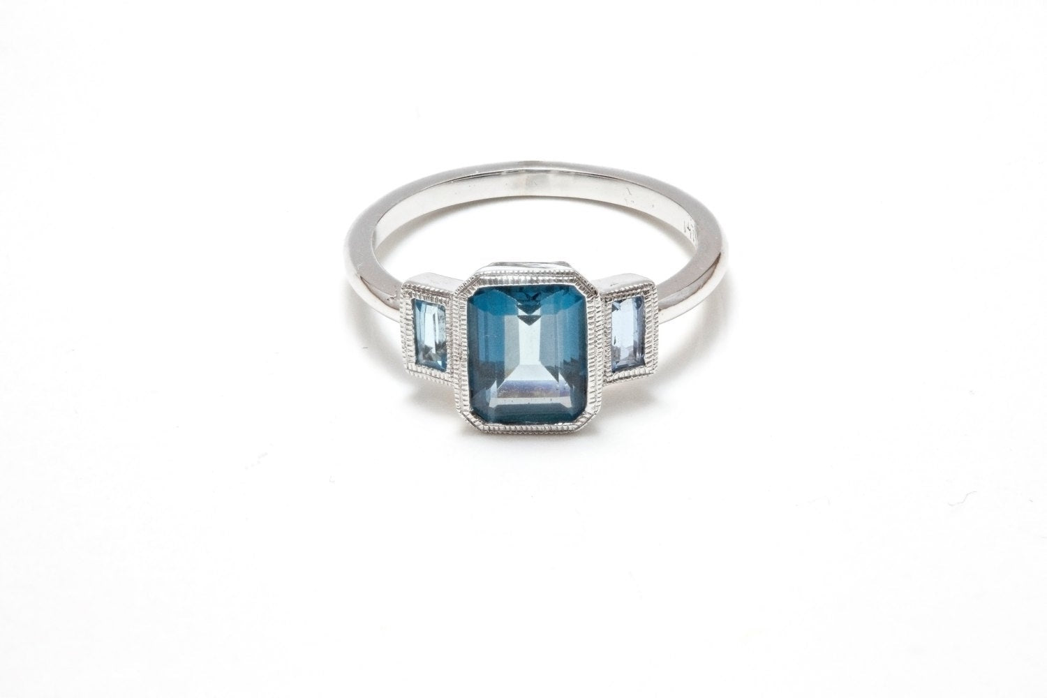 Charlotte Three Stone Ring, emerald cut ring, london blue topaz ring, blue stone wedding ring, classic engagement ring, aquamarine ring