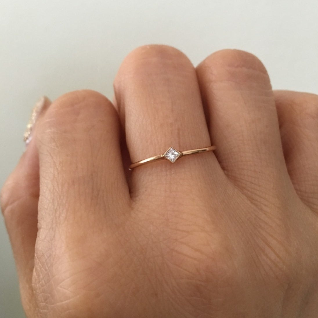 Square Solitaire (Mini), diamond bezel ring, diamond stacking ring, princess diamond ring, square diamond ring, gold square diamond band