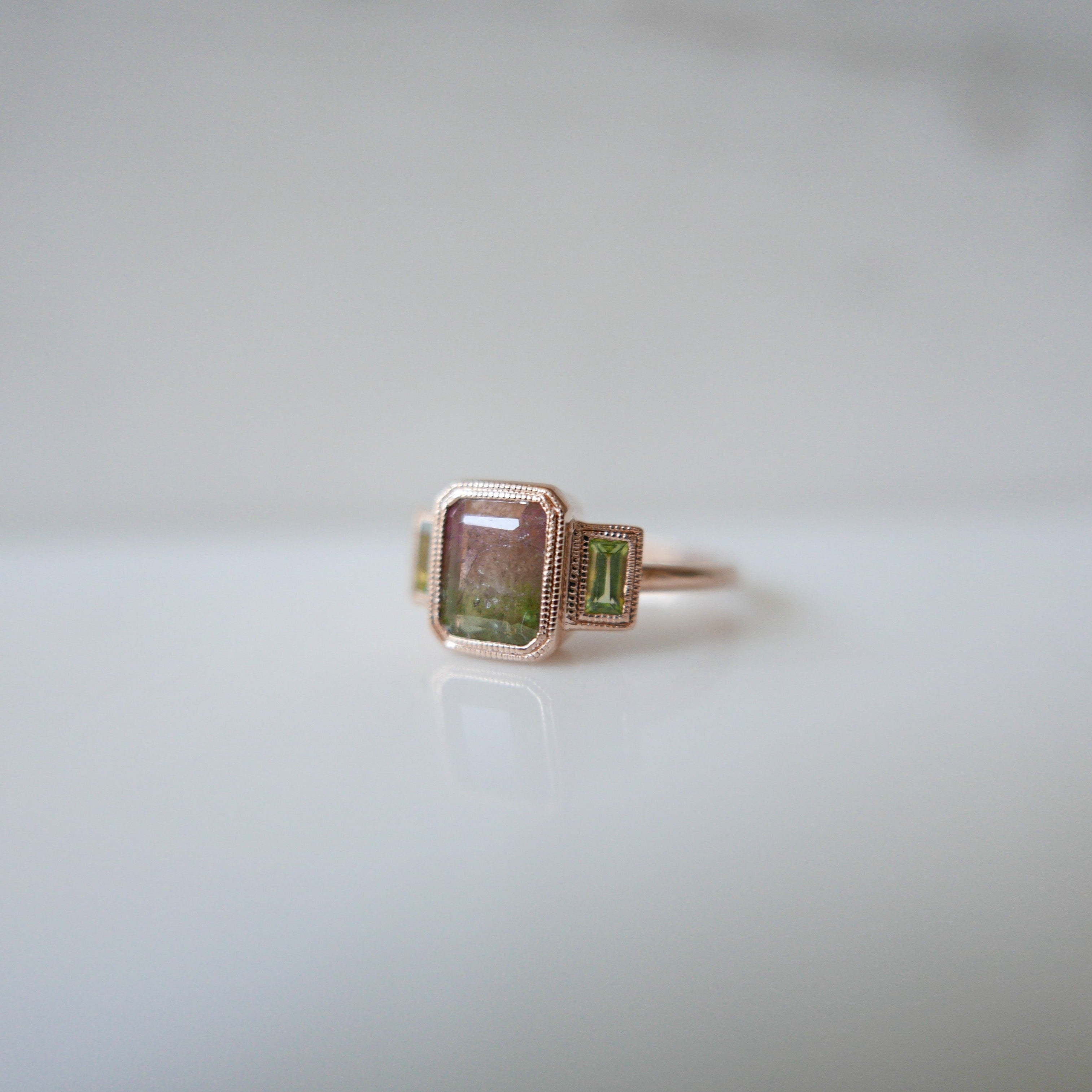 Charlotte Three Stone Watermelon Bi-Color Tourmaline Ring 14k gold