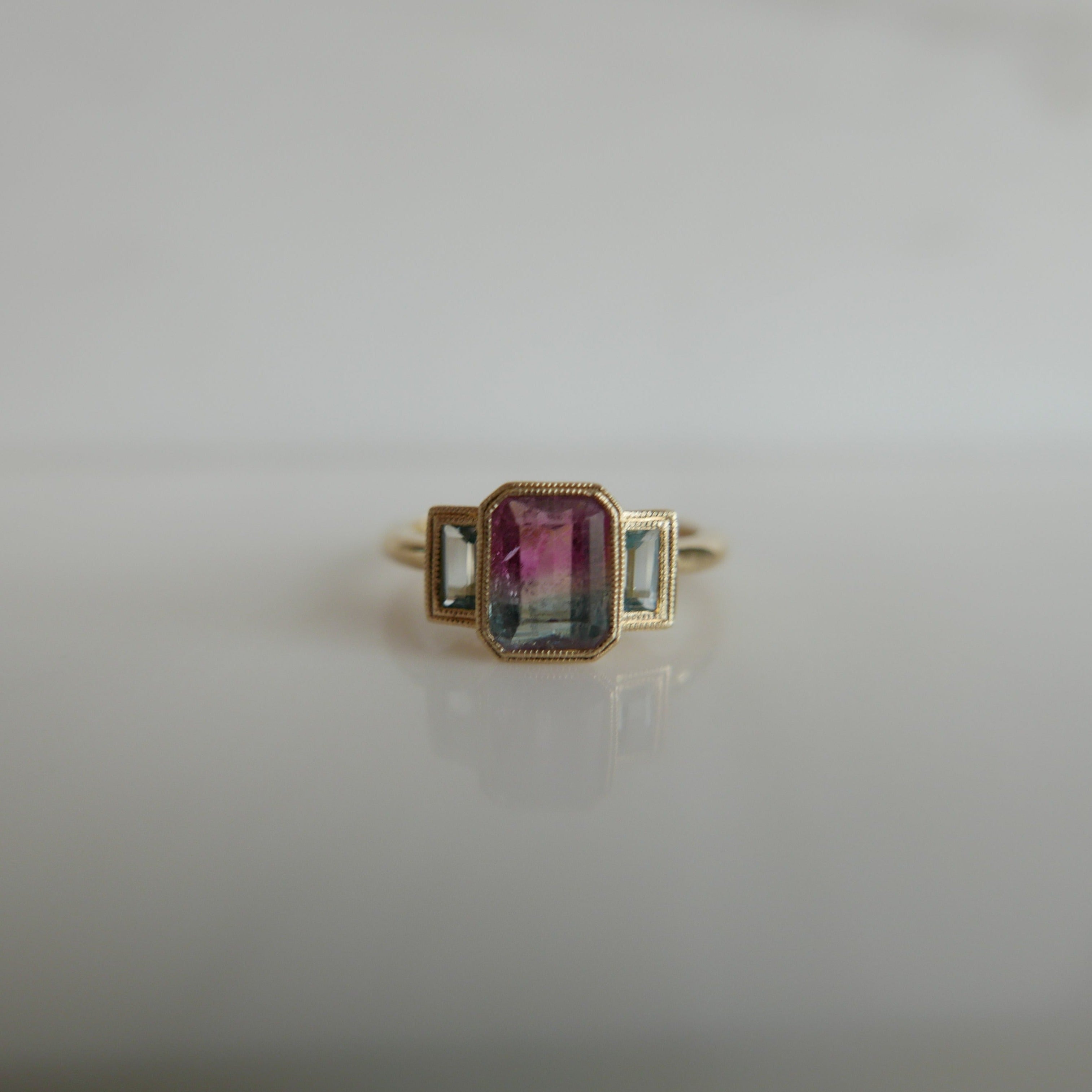 Charlotte Three Stone Cotton Candy Bi-Color Tourmaline Ring 14k gold