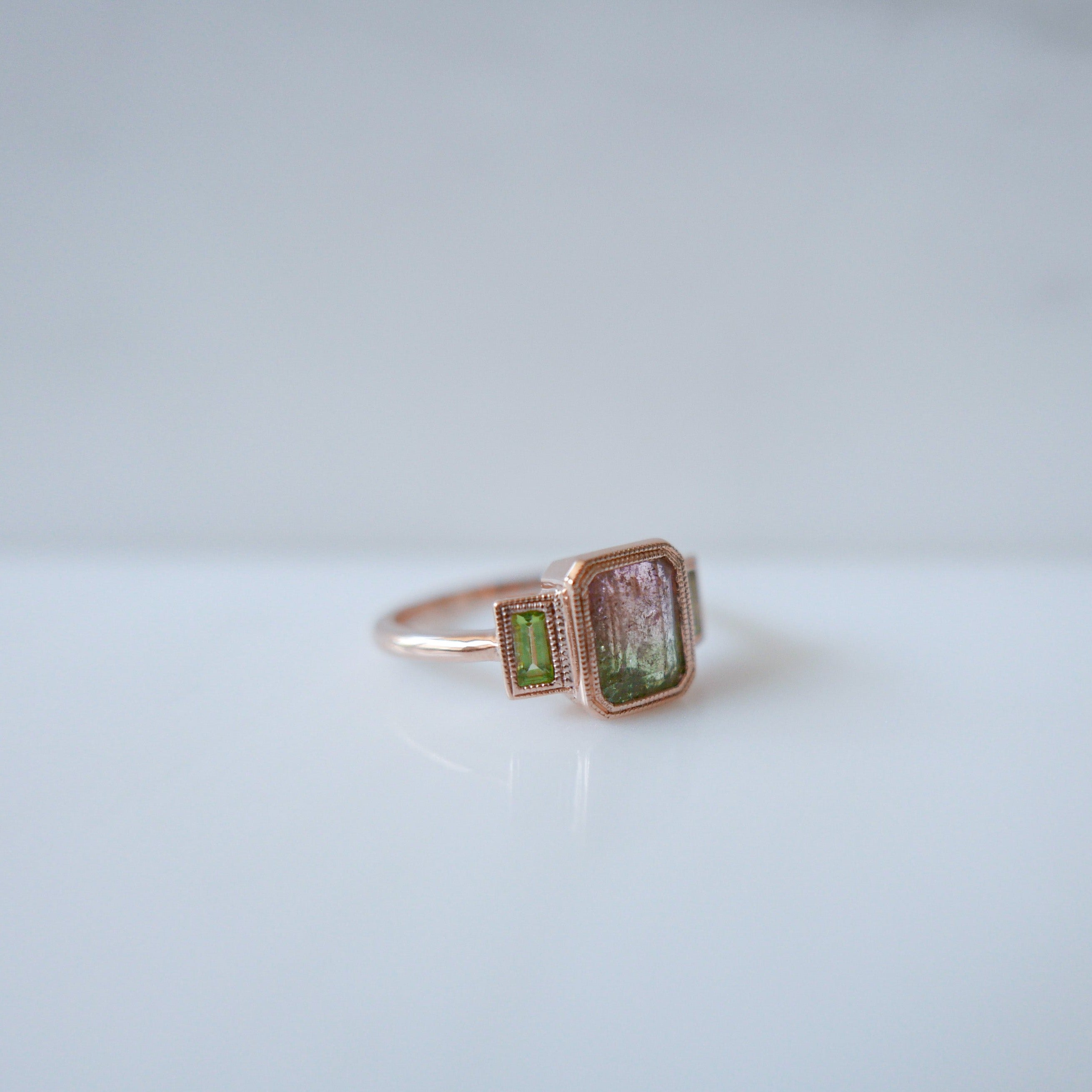 Charlotte Three Stone Watermelon Bi-Color Tourmaline Ring 14k gold