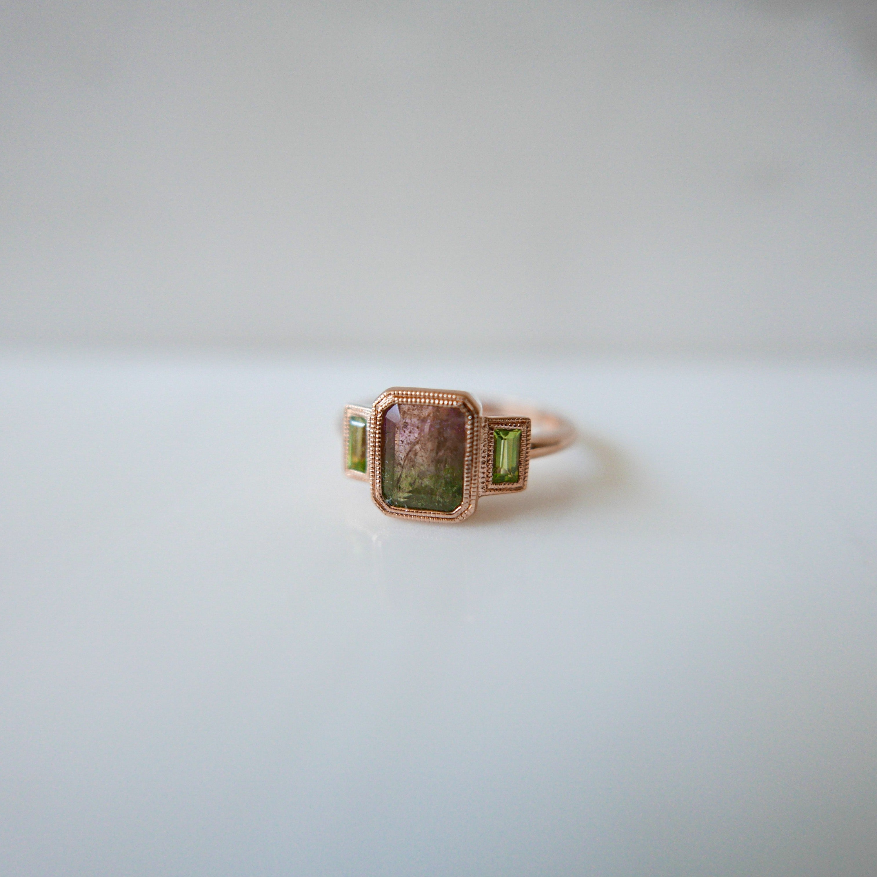 Charlotte Three Stone Watermelon Bi-Color Tourmaline Ring 14k gold