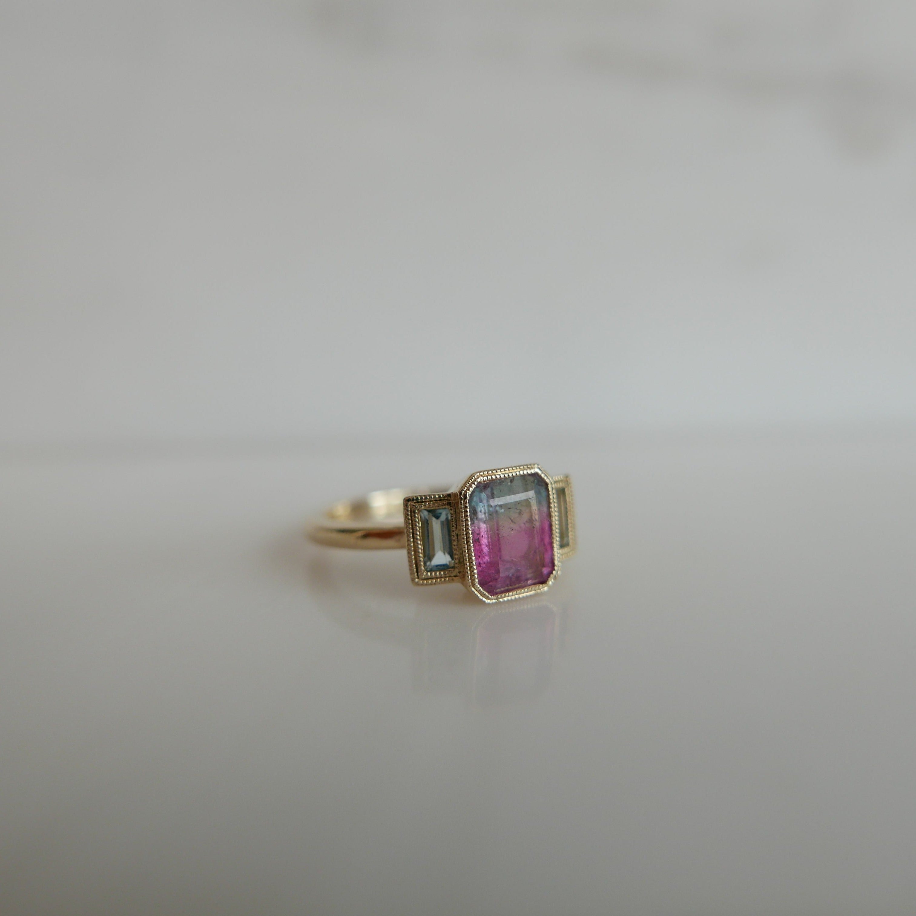 Charlotte Three Stone Cotton Candy Bi-Color Tourmaline Ring  14k gold