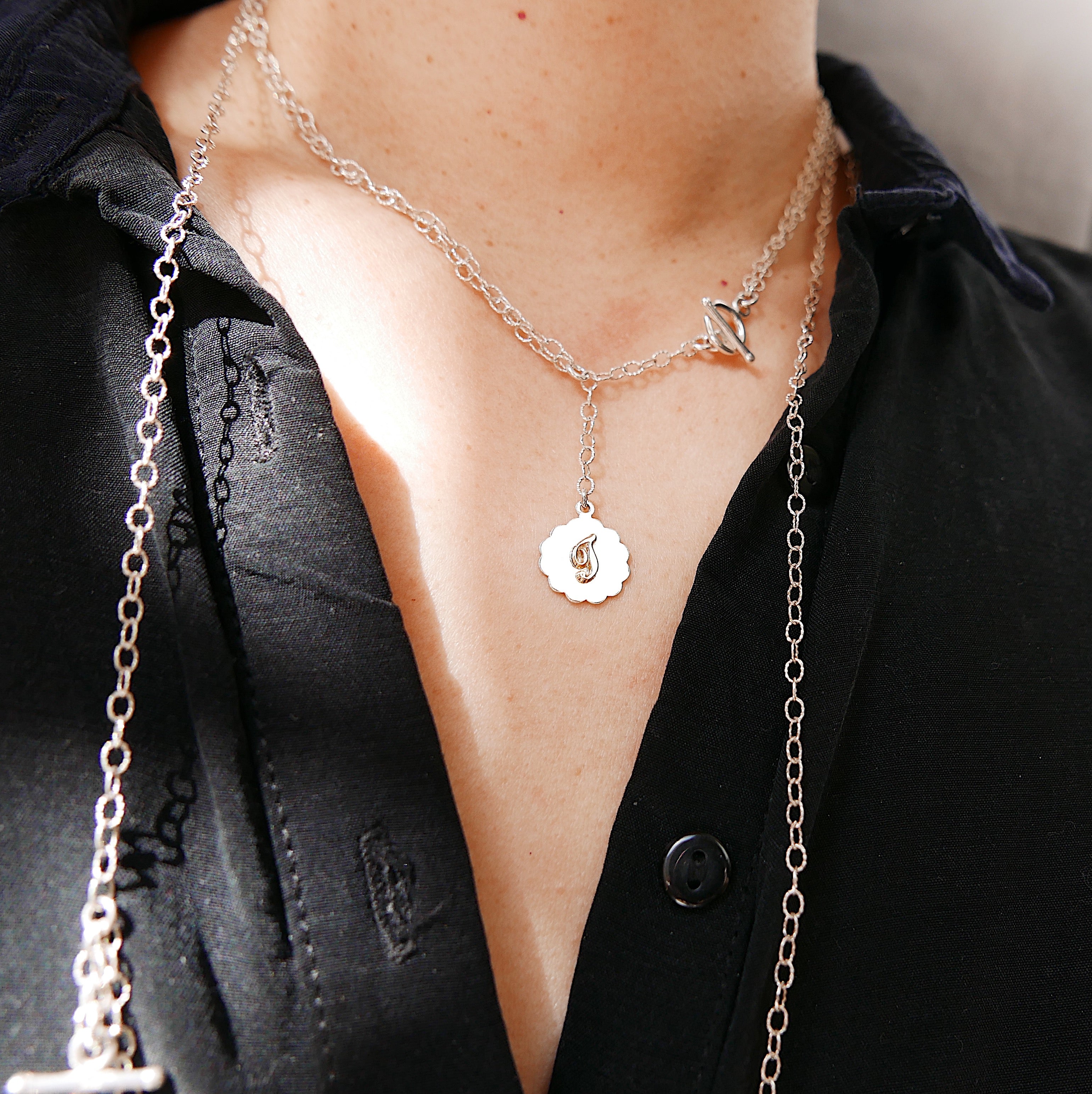 Initial Double Chain Lariat Necklace, Sterling Silver and 14k Gold Disc, Personalized necklace, Initial necklace, Initial lariat necklace