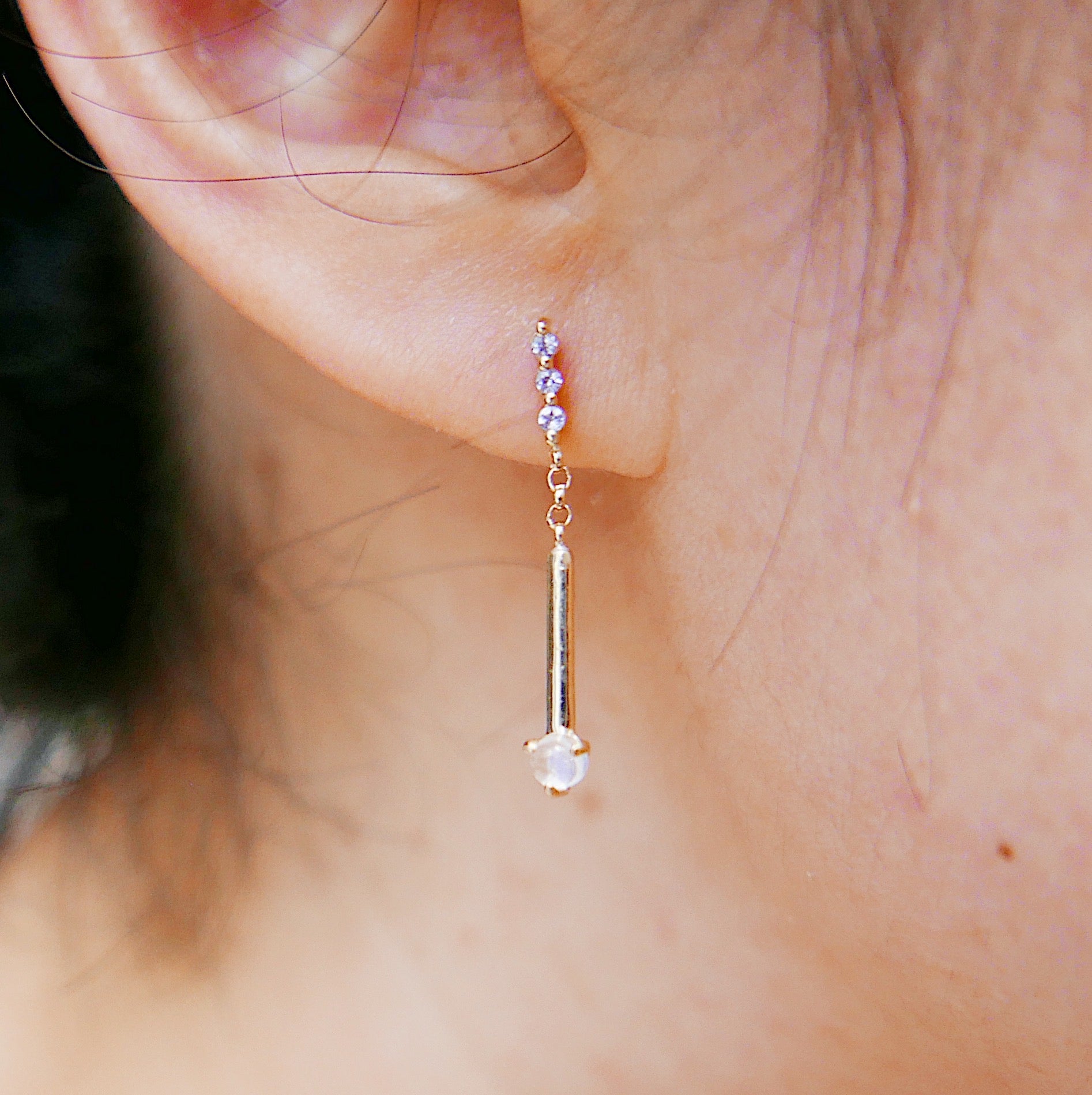 Moonstone Matchstick Earrings, 14k Gold. Moonstone, Tanzanites