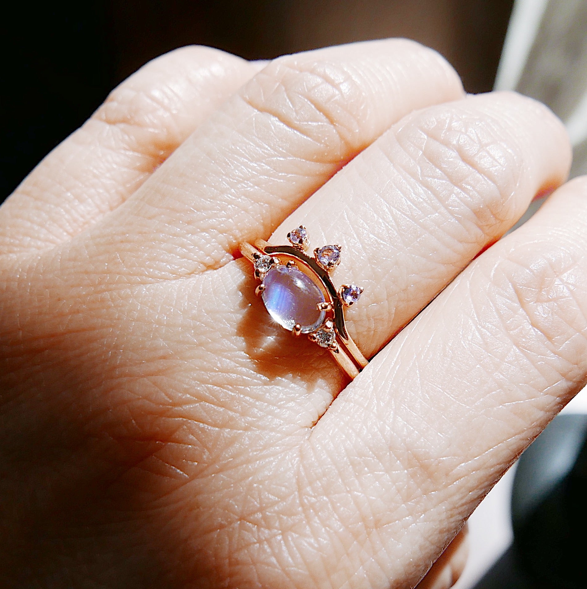 Glowing Moonstone Ring Stack,Oval Moonstone Ring 2.0,Scattered Tanzanite Ring