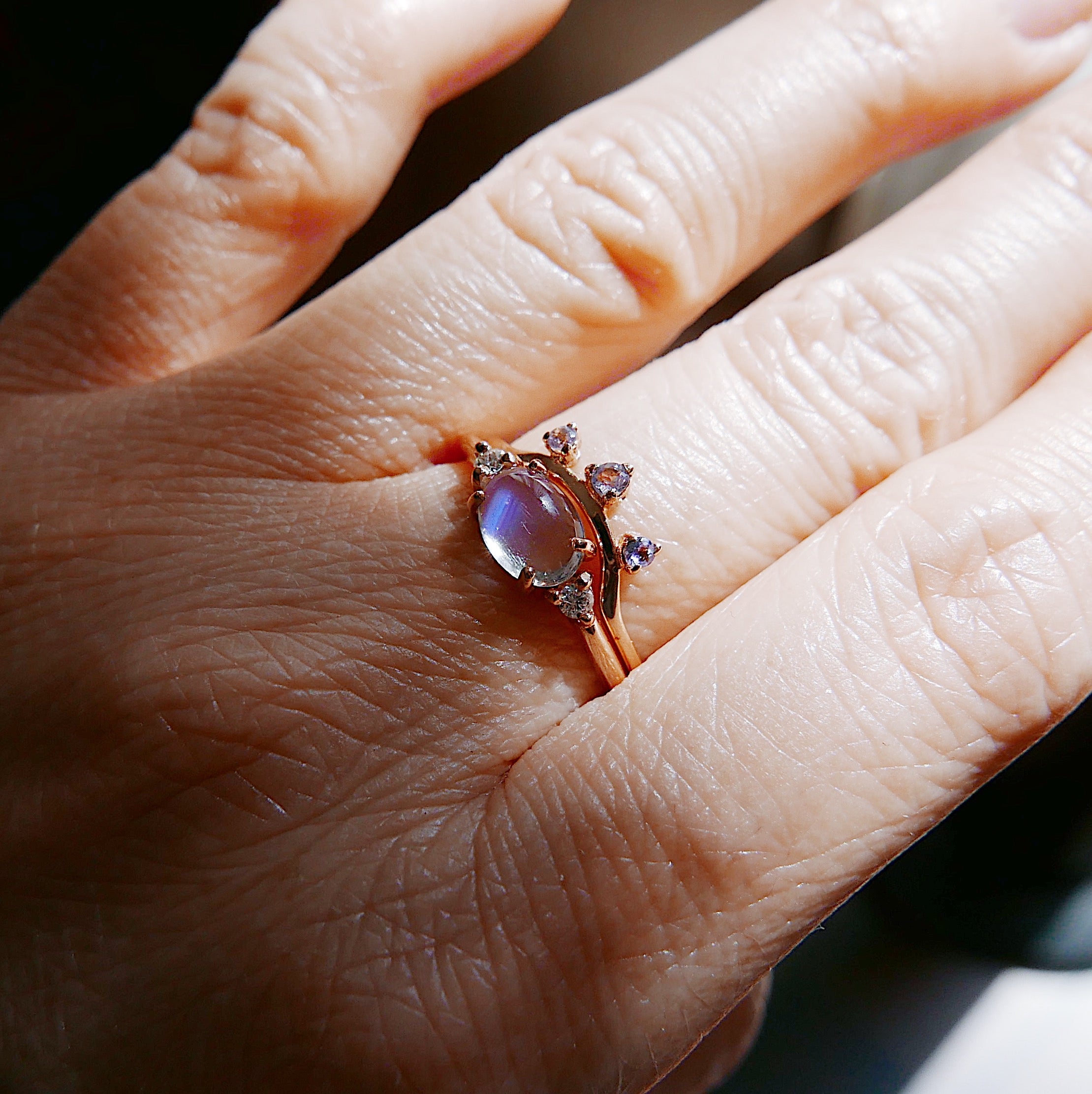 Glowing Moonstone Ring Stack,Oval Moonstone Ring 2.0,Scattered Tanzanite Ring