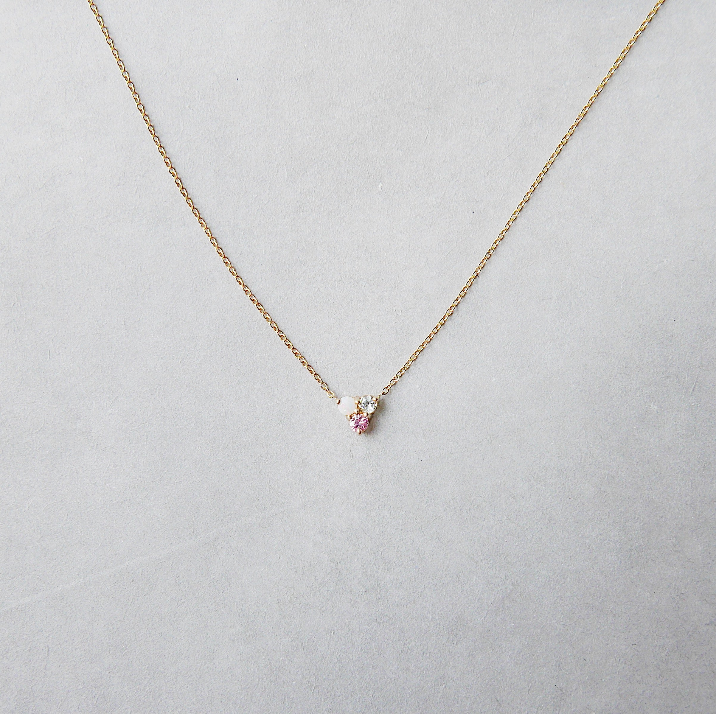 Trinity charm necklace, small 14k gold opal necklace, small gold necklace, Aquamarine necklace, Pink sapphire necklace