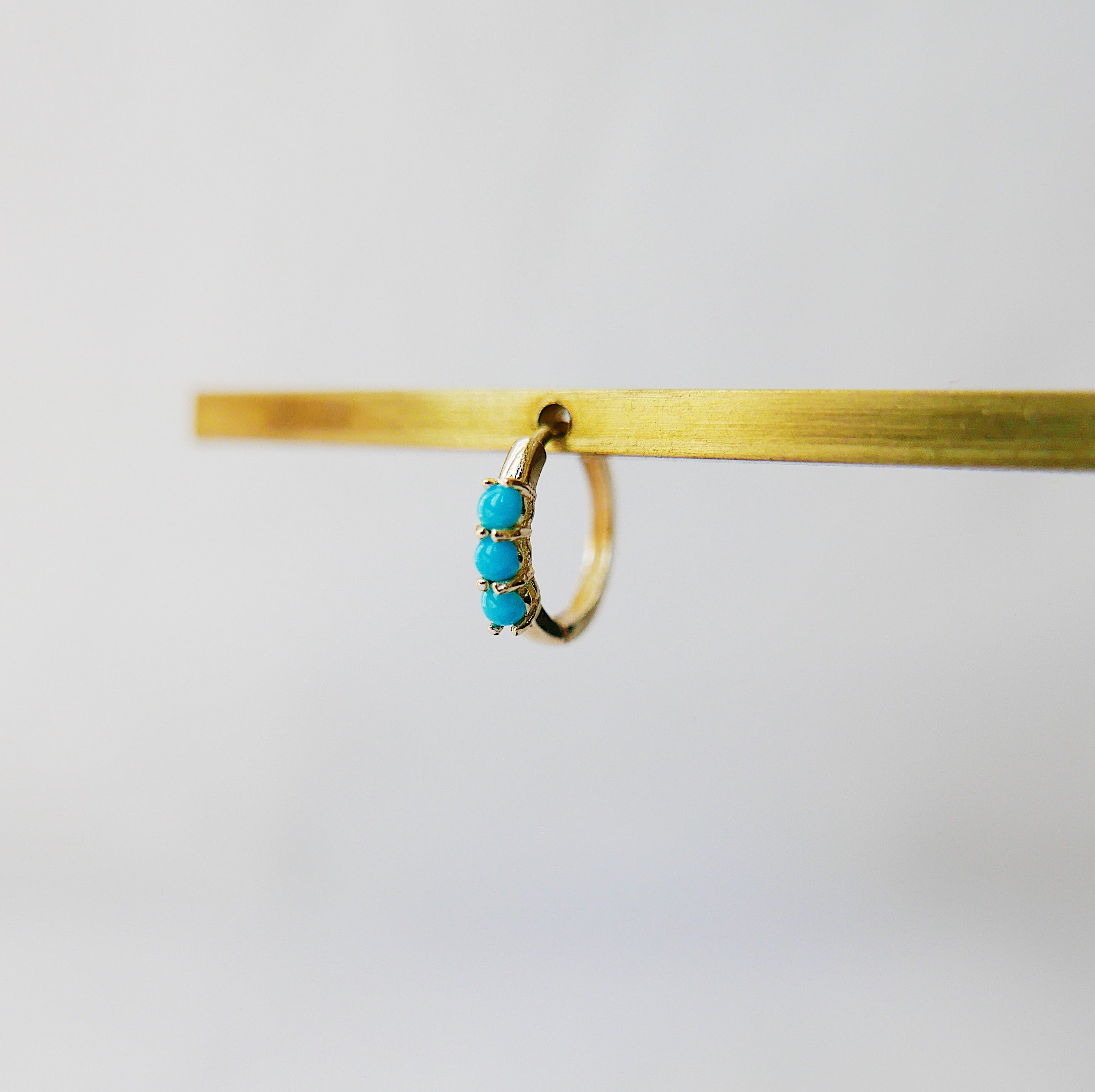 Turquoise gold hoop, small 14k gold hoop, small three stone turquoise gold hoop, gold hoops, turquoise gold huggie, turquoise earring